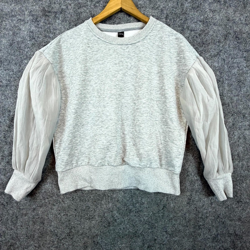 Friful‎ Sweatshirt Womens Medium Heather Gray Sheer Balloon Sleeve Feminine Chic